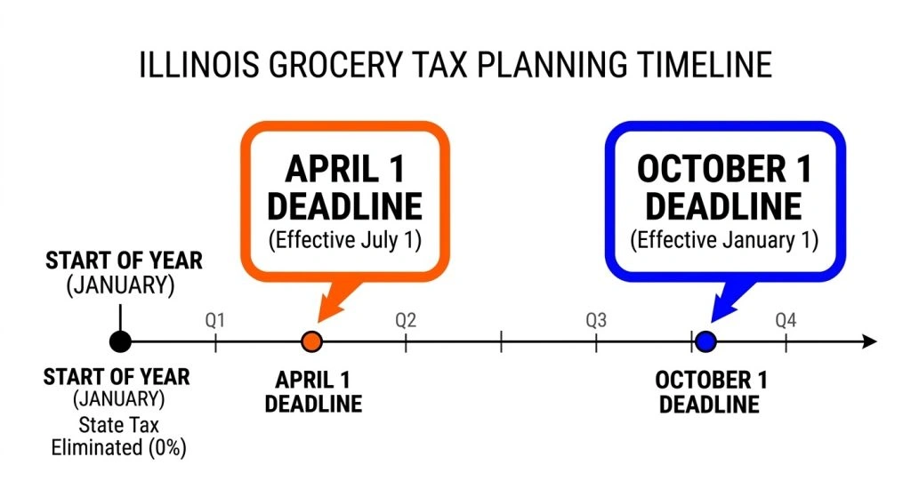 A timeline showing January state grocery tax elimination and the April and October deadlines for local ordinance filings.