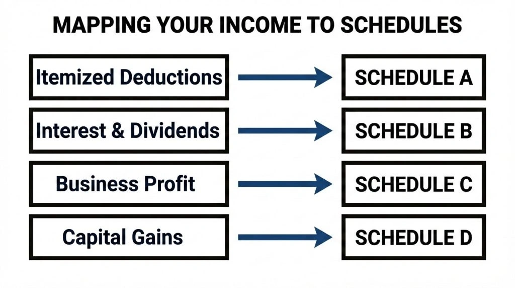 Visual guide mapping income types like business, interest, and capital gains to their respective IRS Schedules A, B, C, and D.