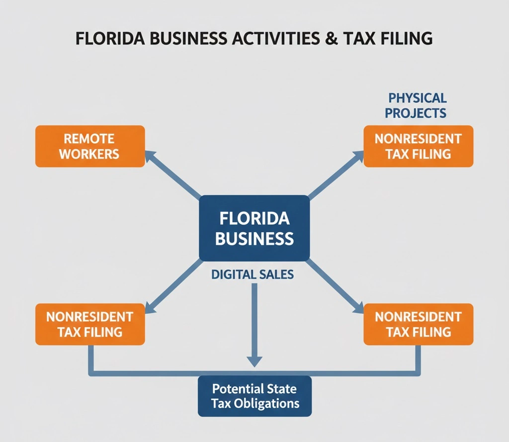 Diagram showing how Florida-based businesses trigger tax obligations in other states via remote work and out-of-state sales.