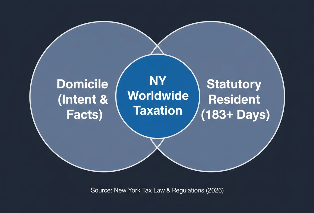 Diagram showing the two tests for New York tax residency: Domicile and Statutory Residence.