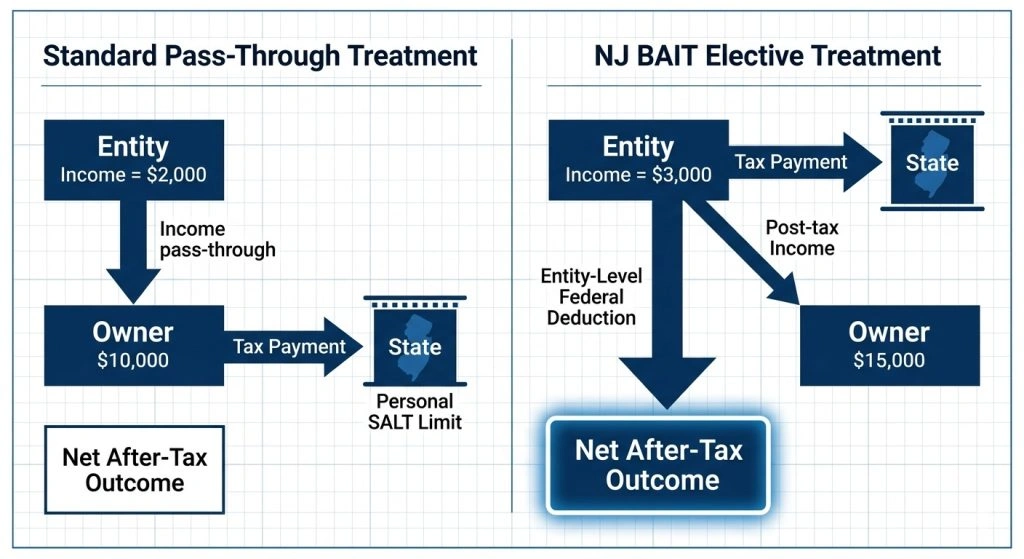 Flowchart contrasting the flow of state taxes under standard pass-through rules versus the elective NJ BAIT, showing entity-level payment and corresponding federal deduction.