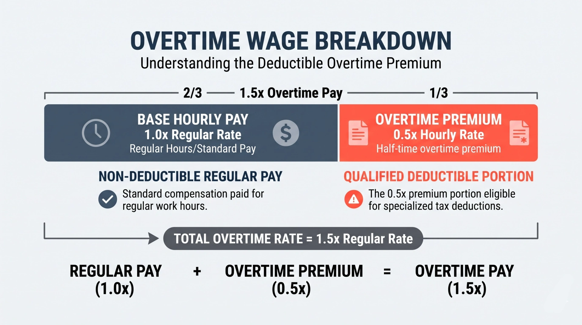 Visual breakdown of standard hourly pay and overtime premium highlighting the qualified deductible portion.