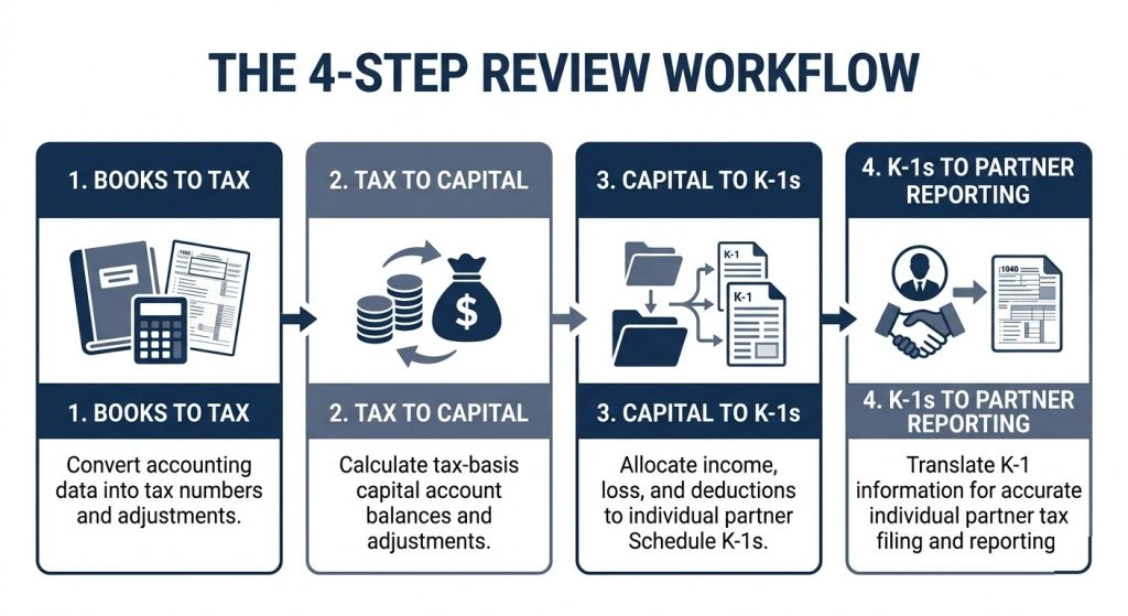 Flowchart showing the four stages of partnership tax review: Books to Tax, Tax to Capital, Capital to K-1s, and K-1s to partner reporting.