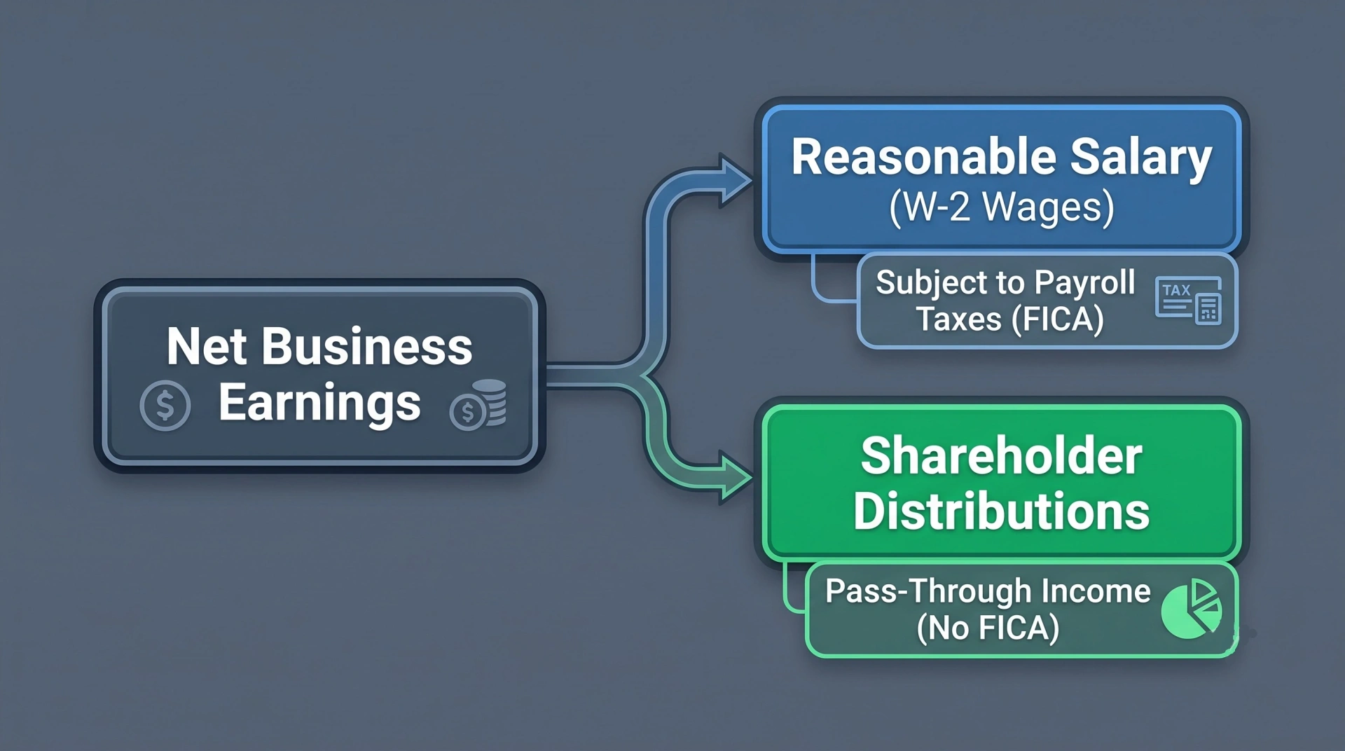 Conceptual diagram detailing S Corp cash flow split into W-2 reasonable salary and shareholder distributions