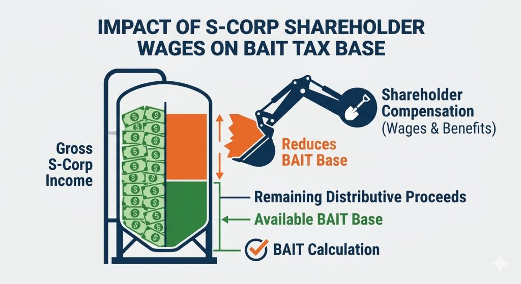 A graphic comparison showing how S corporation shareholder wages reduce the remaining pass-through income, directly impacting the 'BAIT Base' available for the election.