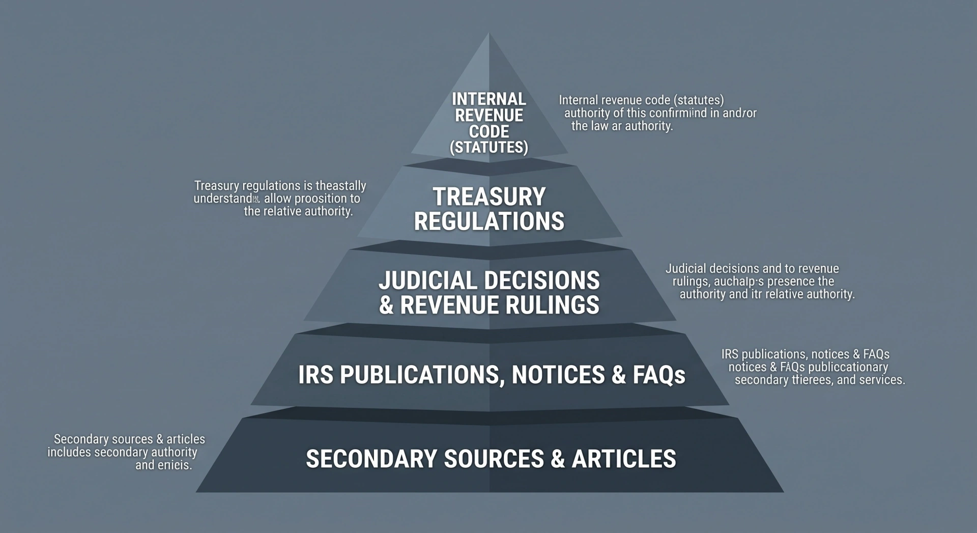 An infographic pyramid showing the hierarchy of tax authority from Internal Revenue Code and Treasury Regulations at the top down to secondary publications at the base.