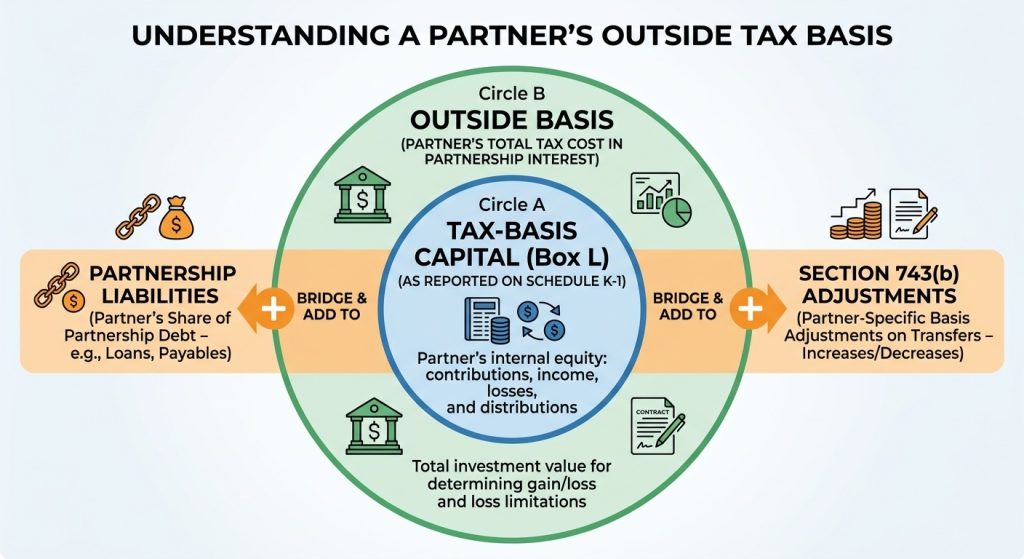 Visual comparison showing that Outside Basis includes Tax-Basis Capital plus Partnership Liabilities and specific adjustments.