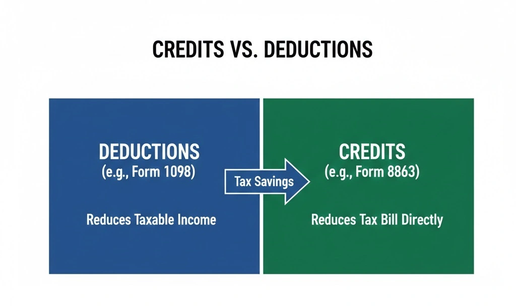 Comparison chart showing how tax deductions reduce taxable income while tax credits provide a dollar-for-dollar reduction in tax liability.