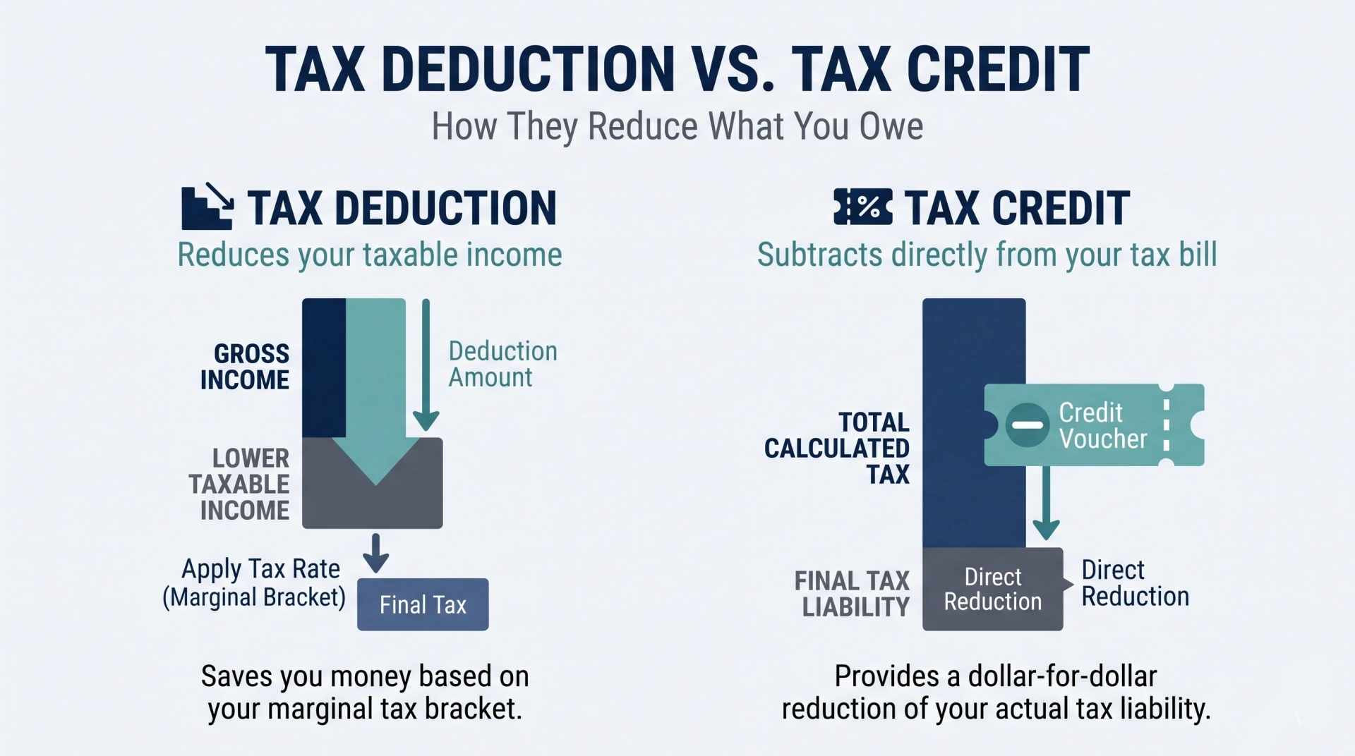 Infographic diagram comparing how a tax deduction lowers taxable income versus how a tax credit reduces total tax owed.