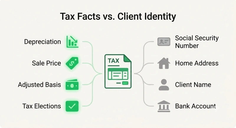 Diagram showing tax document data divided into necessary financial facts for processing and unnecessary personal identity data.