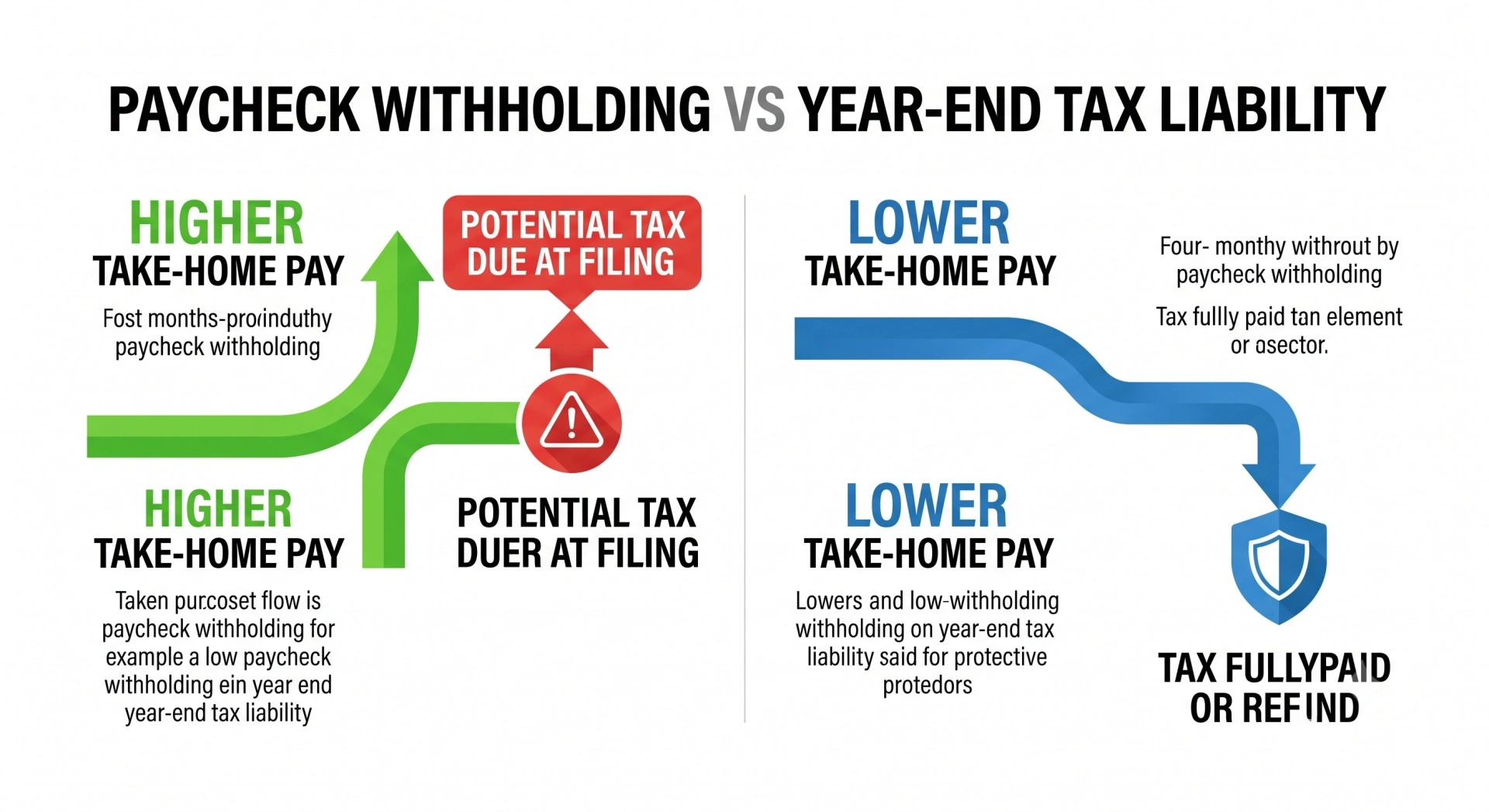 Infographic diagram contrasting the financial impact of high versus low paycheck tax withholding.
