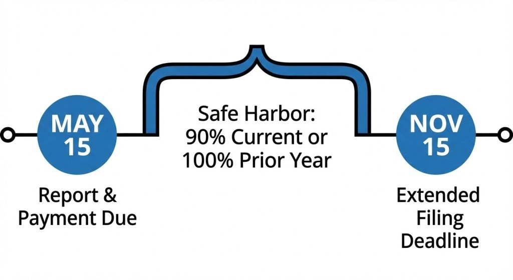 Timeline showing the May 15th filing deadline and the November 15th extension deadline.